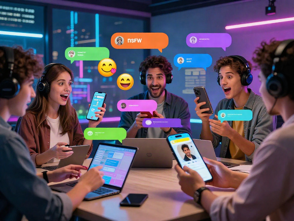 Engaging nsfw chat interaction among diverse avatars in a vibrant digital environment.