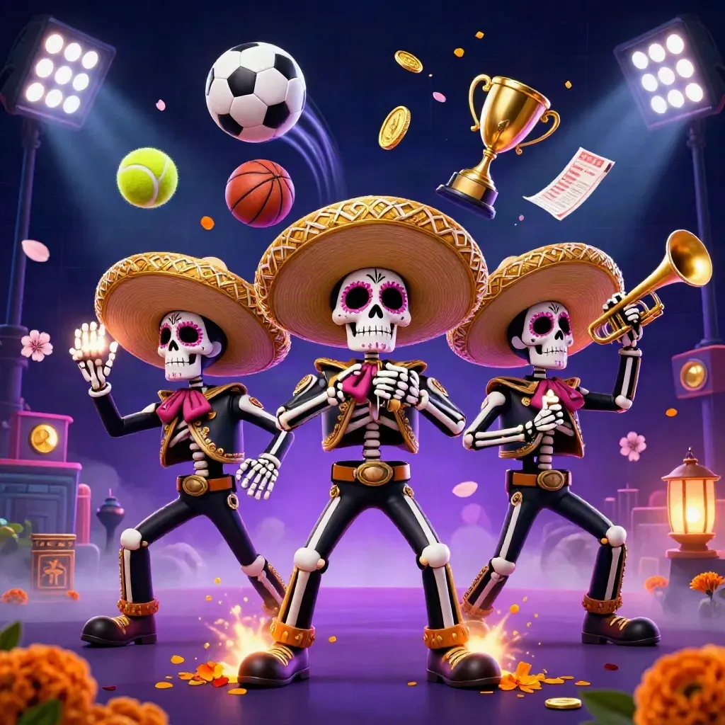 Trzy szkieletowe mariachi w neonach, piłki i trofeum wirują nad mrocznym boiskiem.