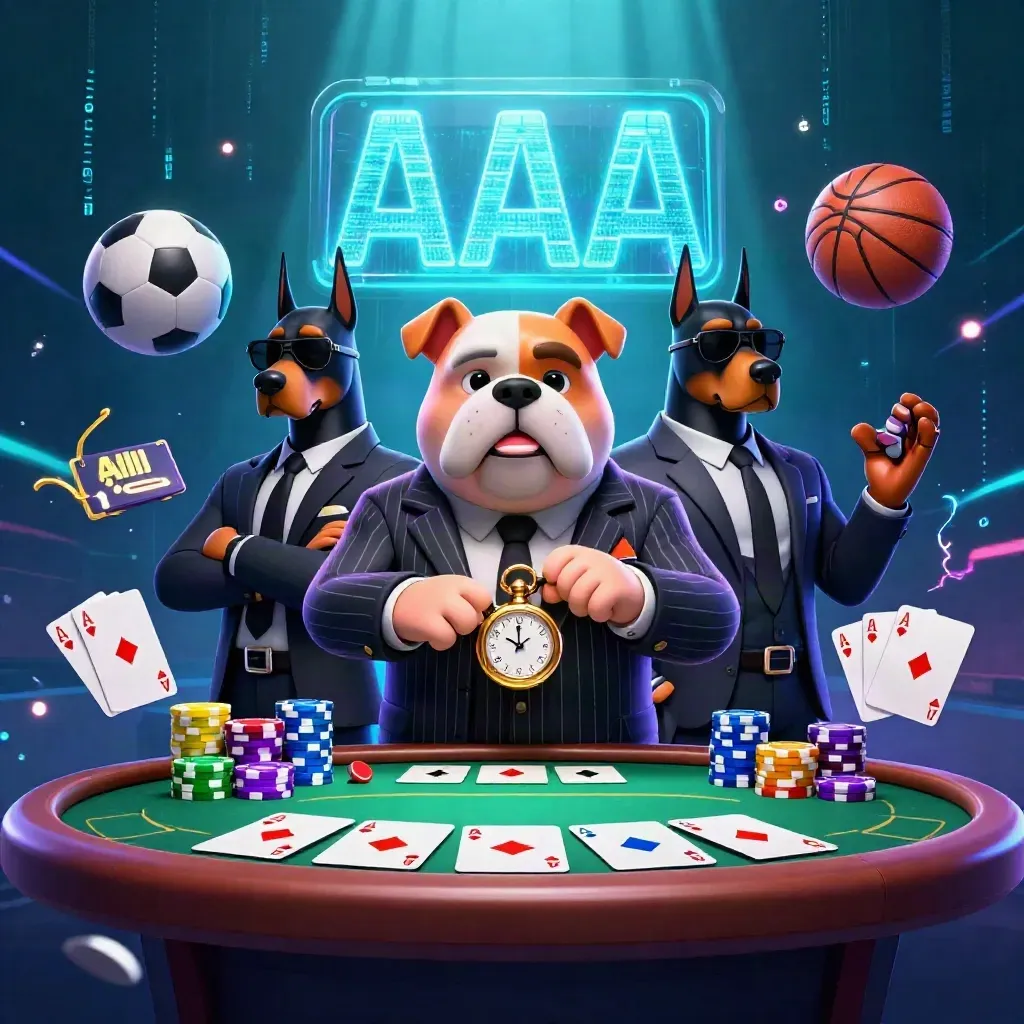 Bulldog w garniturze z dwoma dobermanami, poker, monety, piłka i koszykówka w neonowym mroku